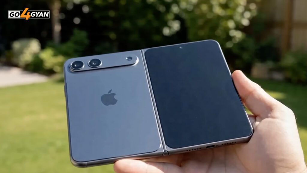 A side-by-side comparison showing a standard iPhone 15 Pro Max and a fully unfolded iPhone Fold to highlight the size difference.
