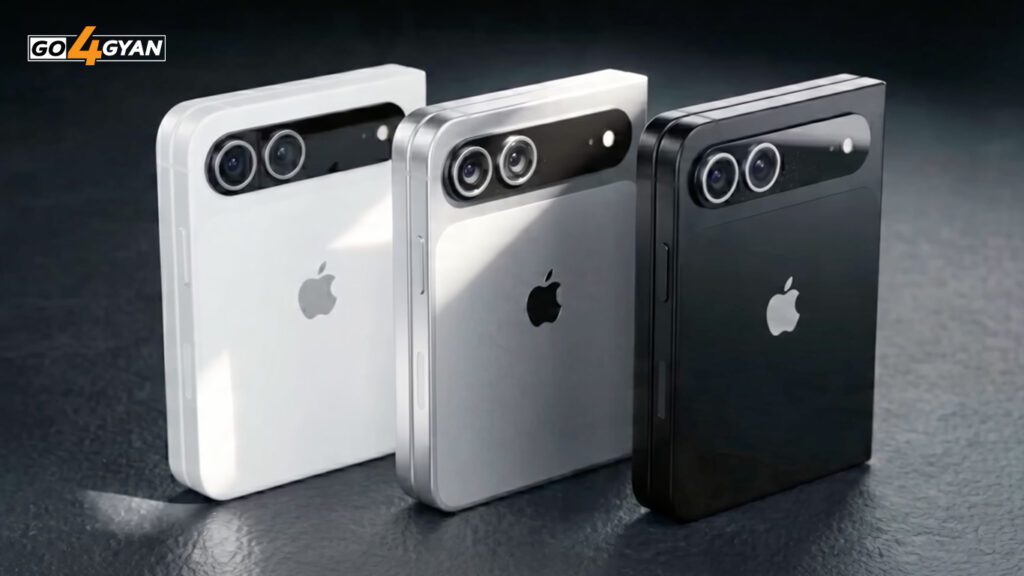 A clean graphic showing an iPhone Fold in 'L-shape' mode with a video playing on top and text-editing controls on the bottom.