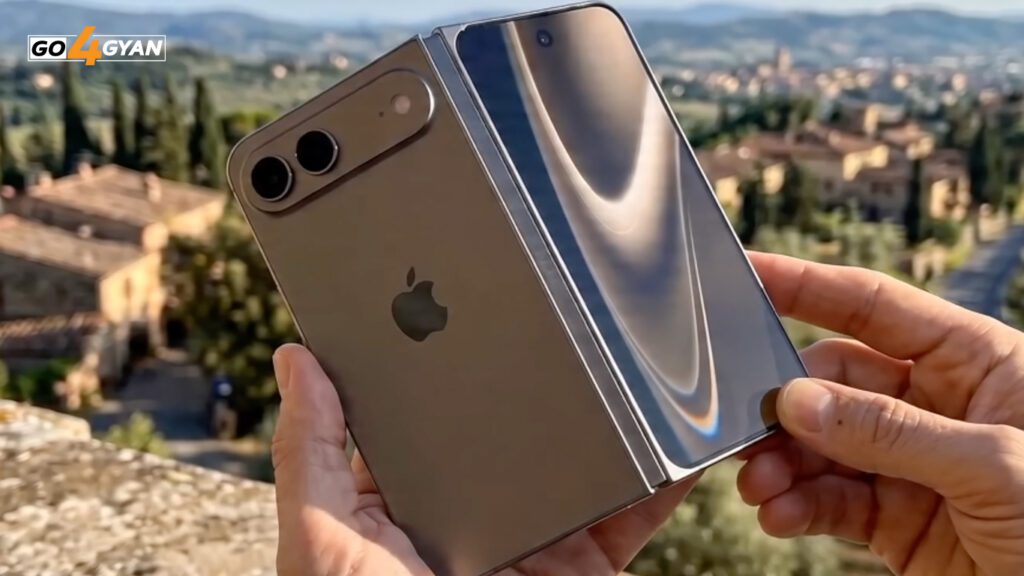 A realistic 3D render of a sleek, silver device that is half-folded, showing a vibrant, glowing screen with iOS icons.